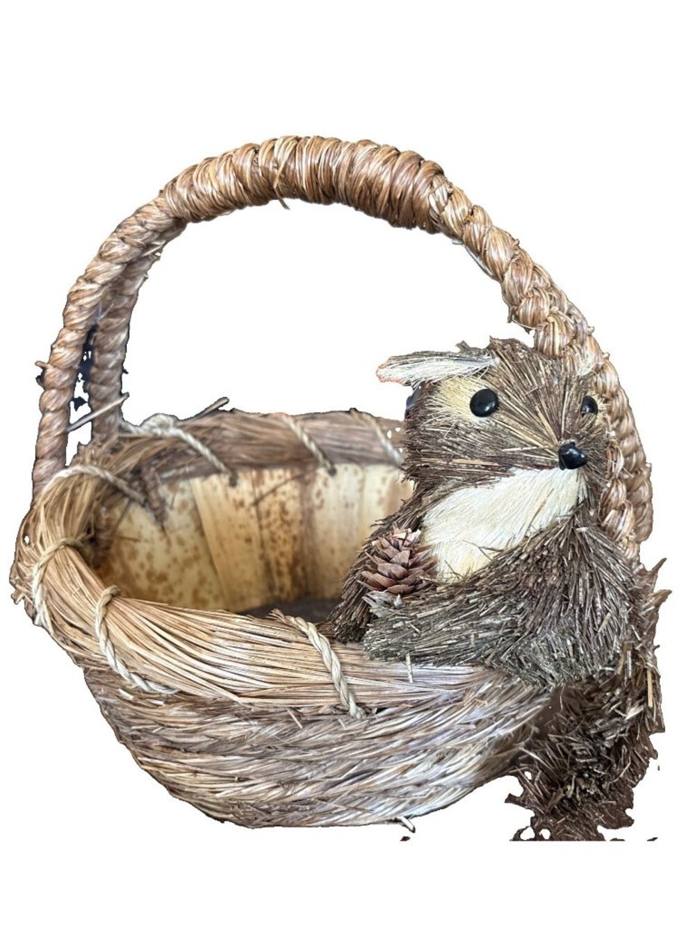 Wooden & Woven Basket With Adorable Squirrel Figurine 10”